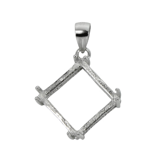 Square Pendant Setting with Square Double Prongs Mounting including Bail in Sterling Silver 12x12mm