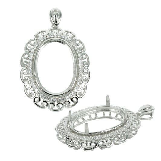 Oval Pendant Setting with Curlicue Border and CZ's Halo in Sterling Silver for 18x25mm stones |MTP1211