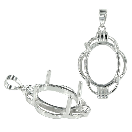 Scallop decorated oval pendant in sterling silver for 12x16mm stones