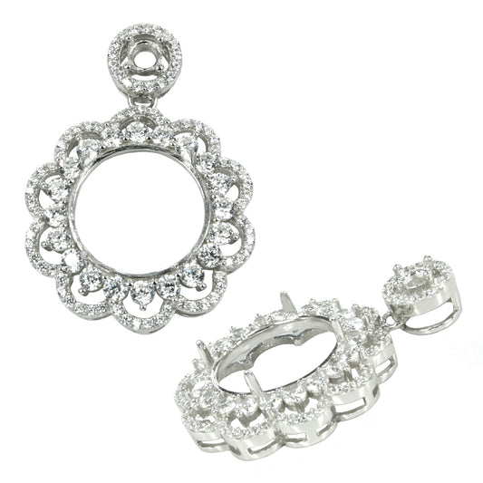 Pendant Setting with CZ's and Round Prongs Mounting including Bail in Sterling Silver 13mm & 3.5mm
