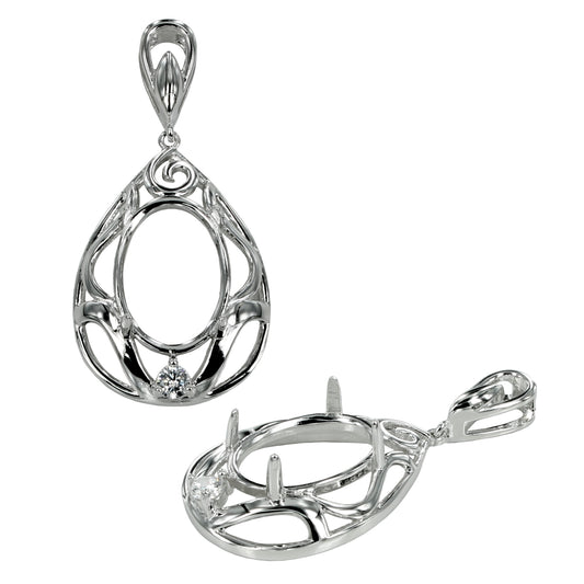 Pear Shaped Frame Oval Pendant Setting with CZ's and Oval Prongs Mounting including Bail in Sterling Silver 10x14mm
