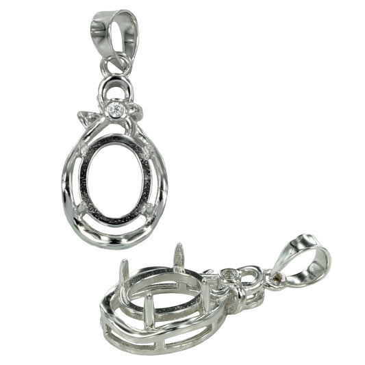 Oval Basket-Style Pendant Setting with CZ's and Oval Prongs Mounting including Bail in Sterling Silver 7x9mm