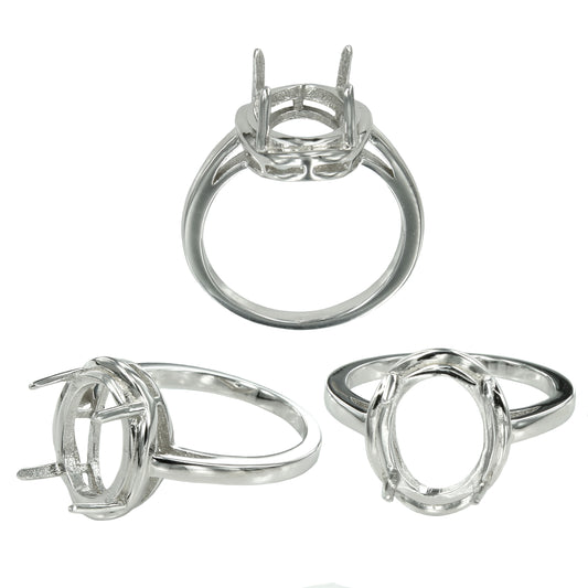 Ring Setting with Oval Prongs Mounting in Sterling Silver 10x11mm