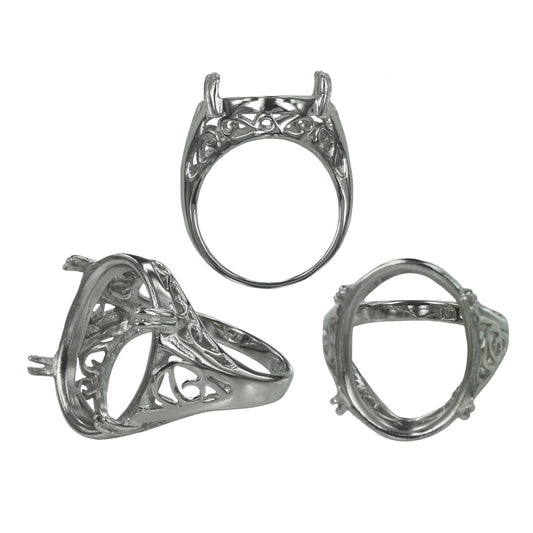 Swirls Ring Setting with Oval Prongs Mounting in Sterling Silver 14x18mm