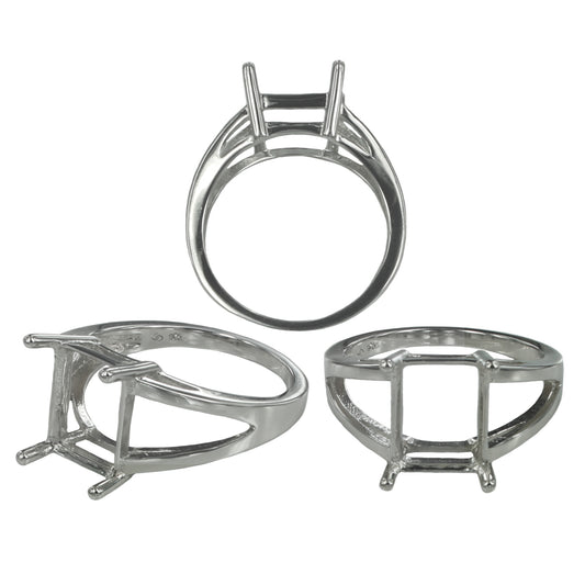 Split Shank Ring Setting with Rectangular Prongs Mounting in Sterling Silver 8x10mm