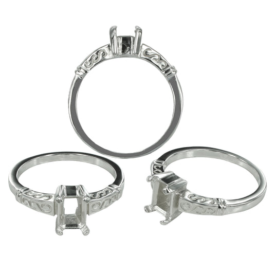 Swirls Ring Setting with Rectangular Prongs Mounting in Sterling Silver 5x7mm