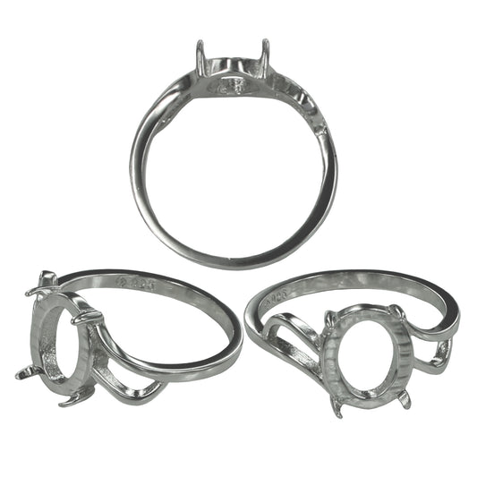 Cross-Over Ring Setting with Oval Prongs Mounting in Sterling Silver 8x10mm