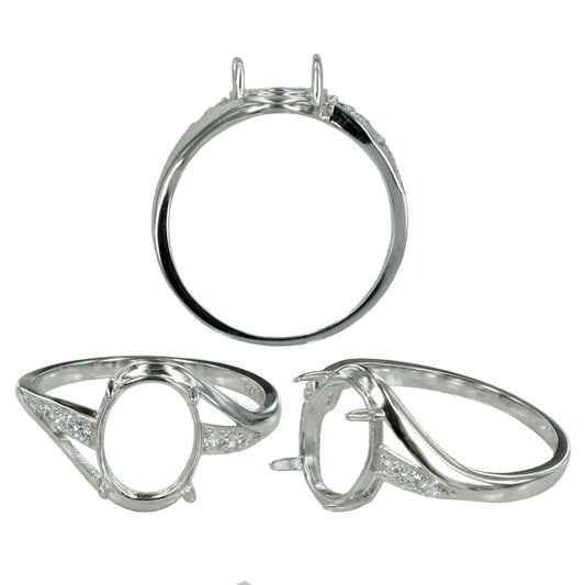 Granular Cross-Over Ring Setting with Oval Prongs Mounting in Sterling Silver 8x10mm