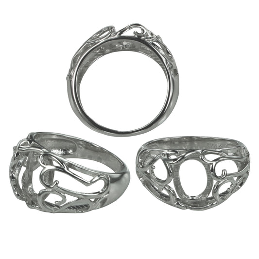 Swirls Ring Setting with Oval Bezel Mounting in Sterling Silver 7x9mm