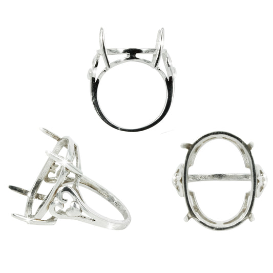 Heart Split-Shank Ring with Oval Prongs Mounting in Sterling Silver 17x23mm