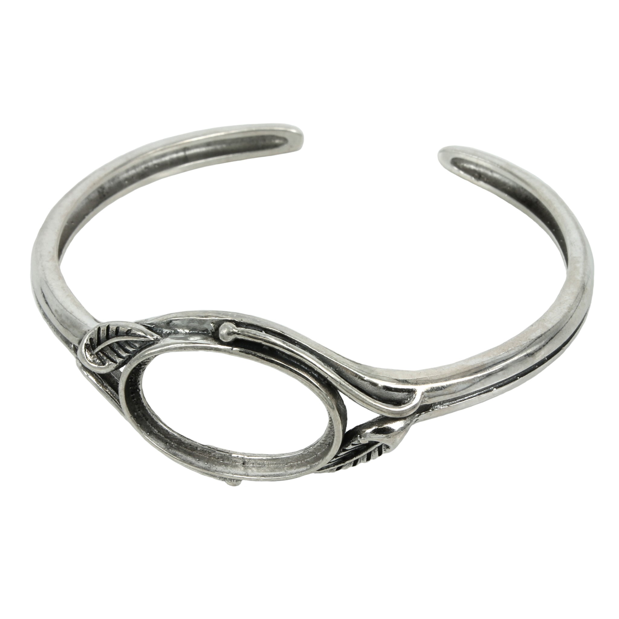 Leaf Motif Cuff Bracelet with Oval Bezel Mounting in Sterling Silver 15x20mm