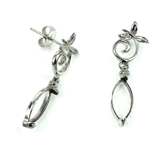 Ear Studs Earrings Settings with Marquise Shape Bezel Mounting in Sterling Silver 5x11mm