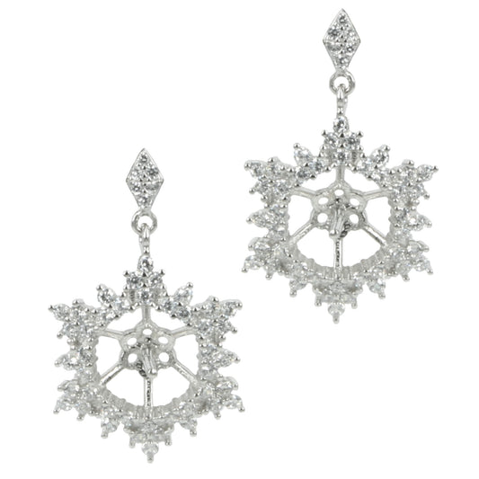 Pavé Snowflake Earrings Pearl Settings with Center Round  Cup and Peg Mounting in Sterling Silver 6-8mm