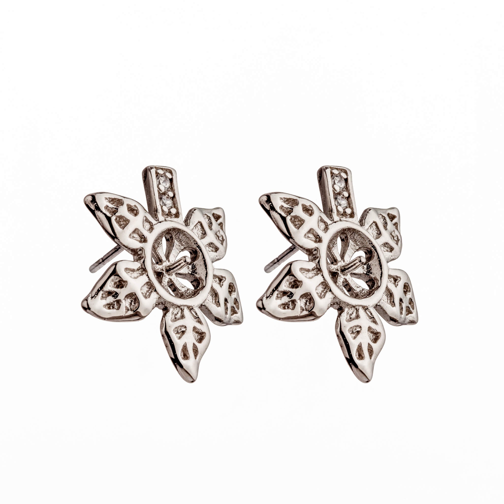 Ear Studs Earrings Pearl Settings with Flower Shape Round Cup and Peg Mounting in Sterling Silver 6mm