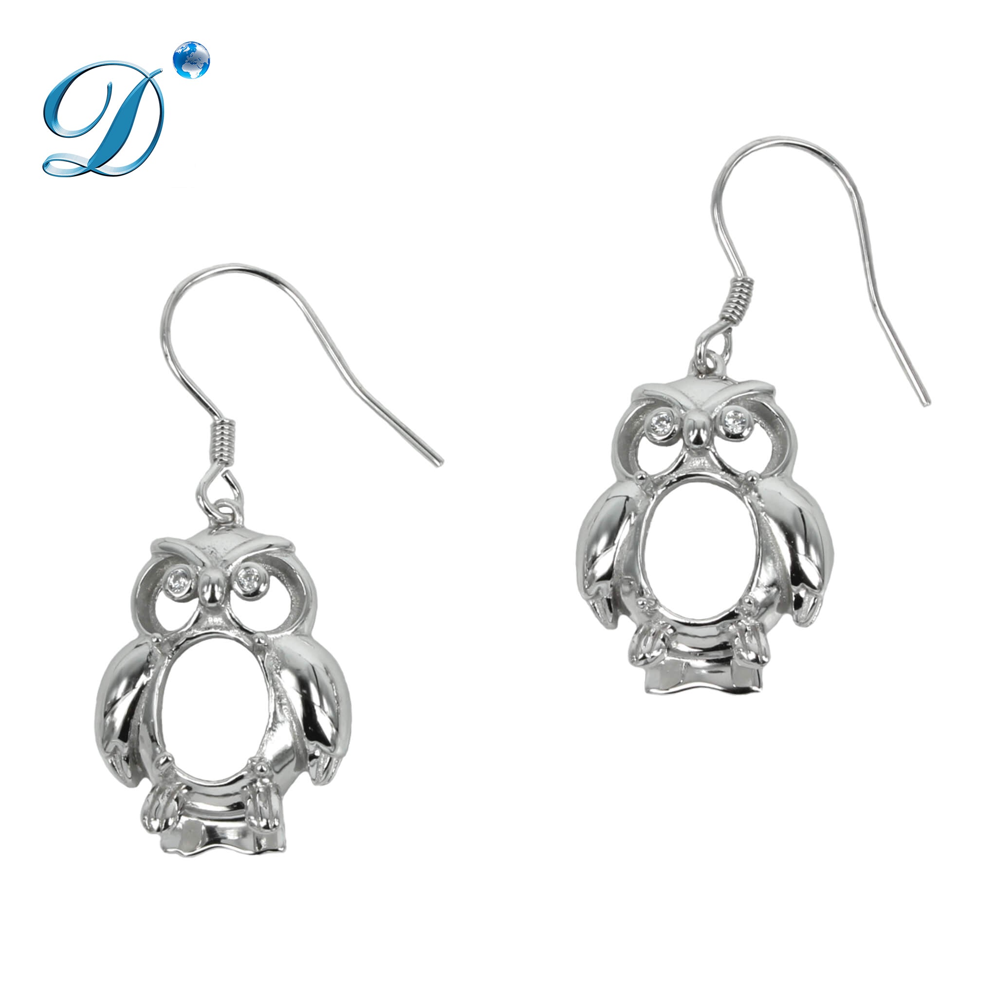 Ear Wires with Owl with Oval Setting in Sterling Silver 6mm x 8mm