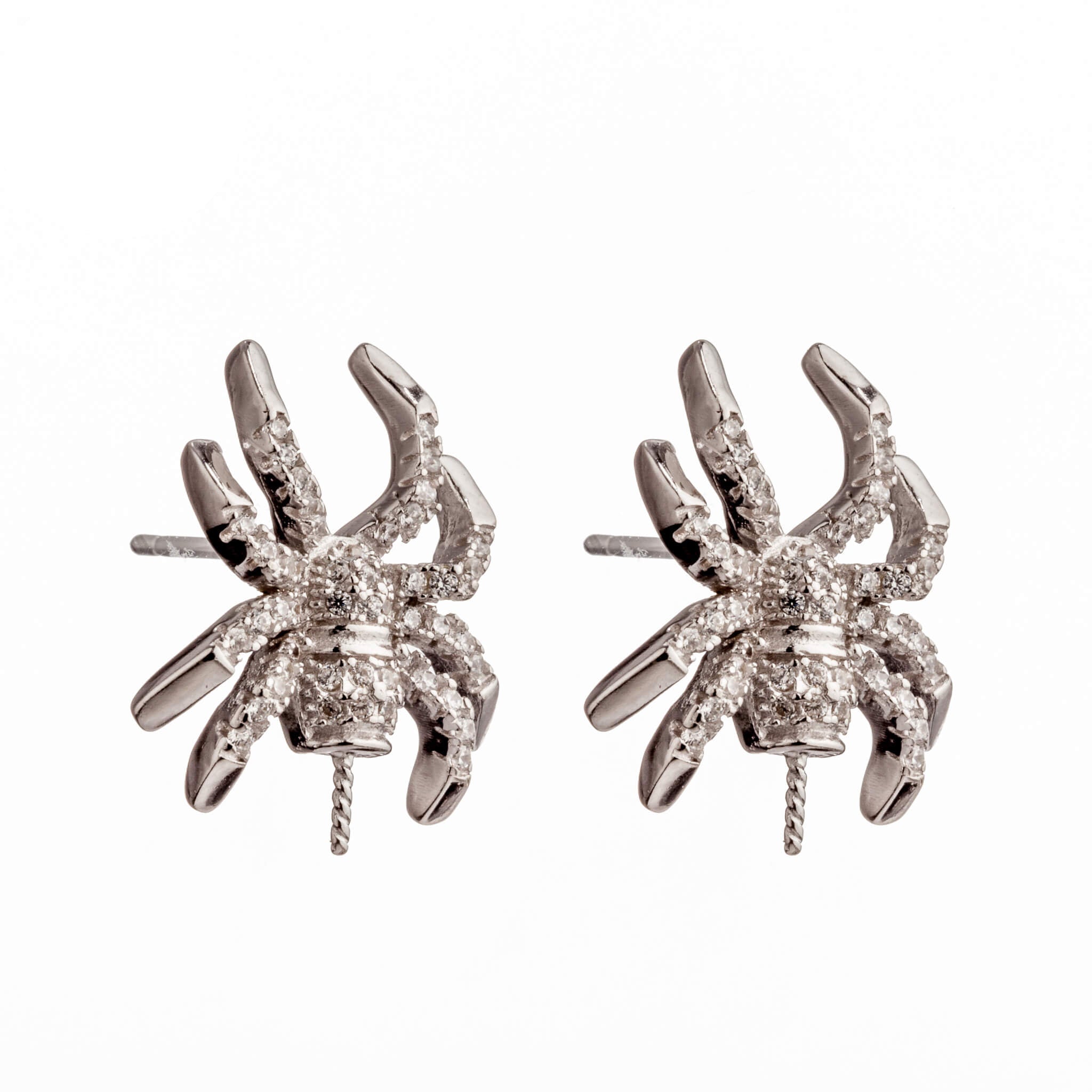 Spider Ear Studs Earrings Pearl Settings with CZ's and Round Cup and Peg Mounting in Sterling Silver