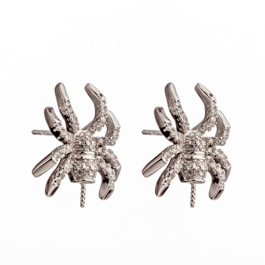 Spider Ear Studs Earrings Pearl Settings with CZ's and Round Cup and Peg Mounting in Sterling Silver