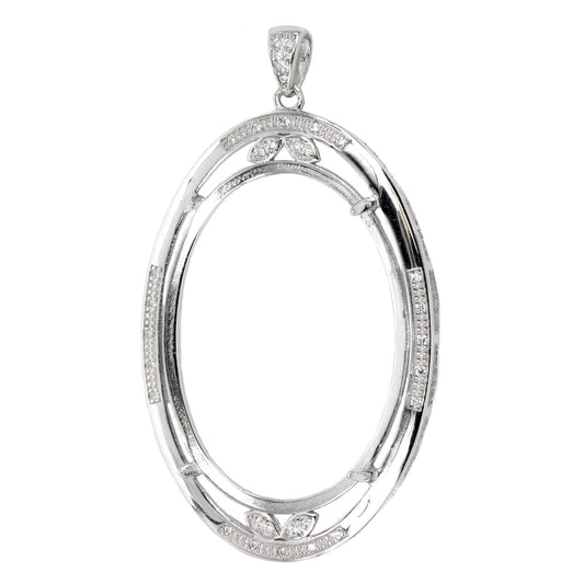 Oval-in-Oval Pendant Setting with CZ's and Oval Prongs Mounting including Bail in Sterling Silver 26x36mm