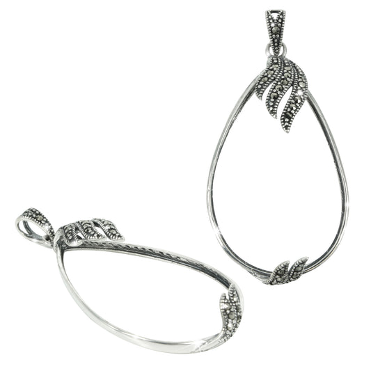 Flourish Embellished Pear Shaped Pendant with Marcasites in Sterling Silver for 24x39mm Stones