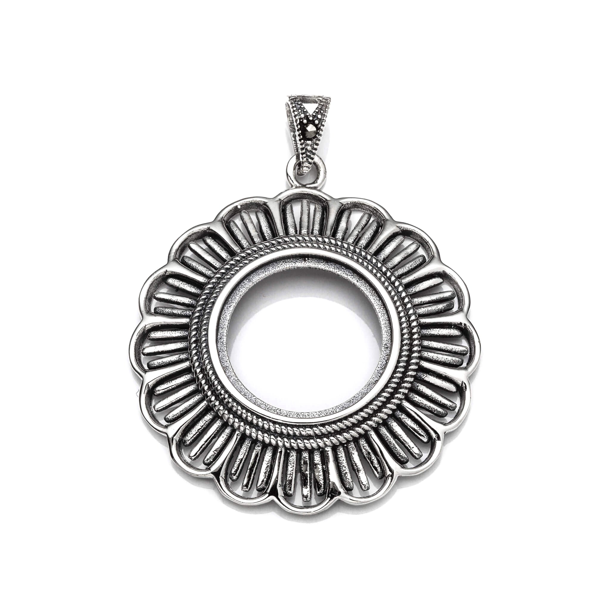 Antique Pendant Setting with Round Bezel Mounting including Bail in Sterling Silver 16mm