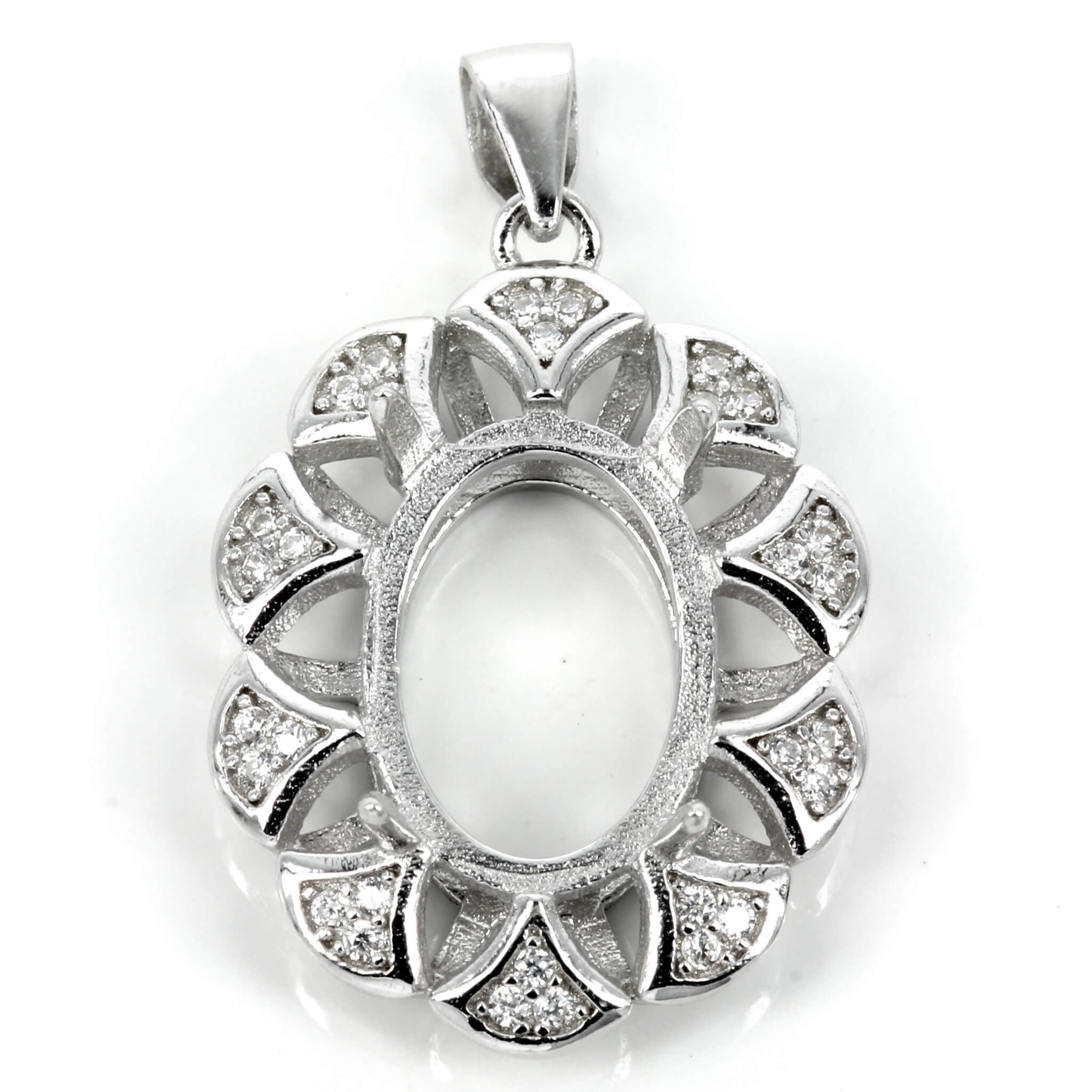 Oval Pendant Setting with CZ's and Oval Prongs Mounting including Bail in Sterling Silver 11x14mm