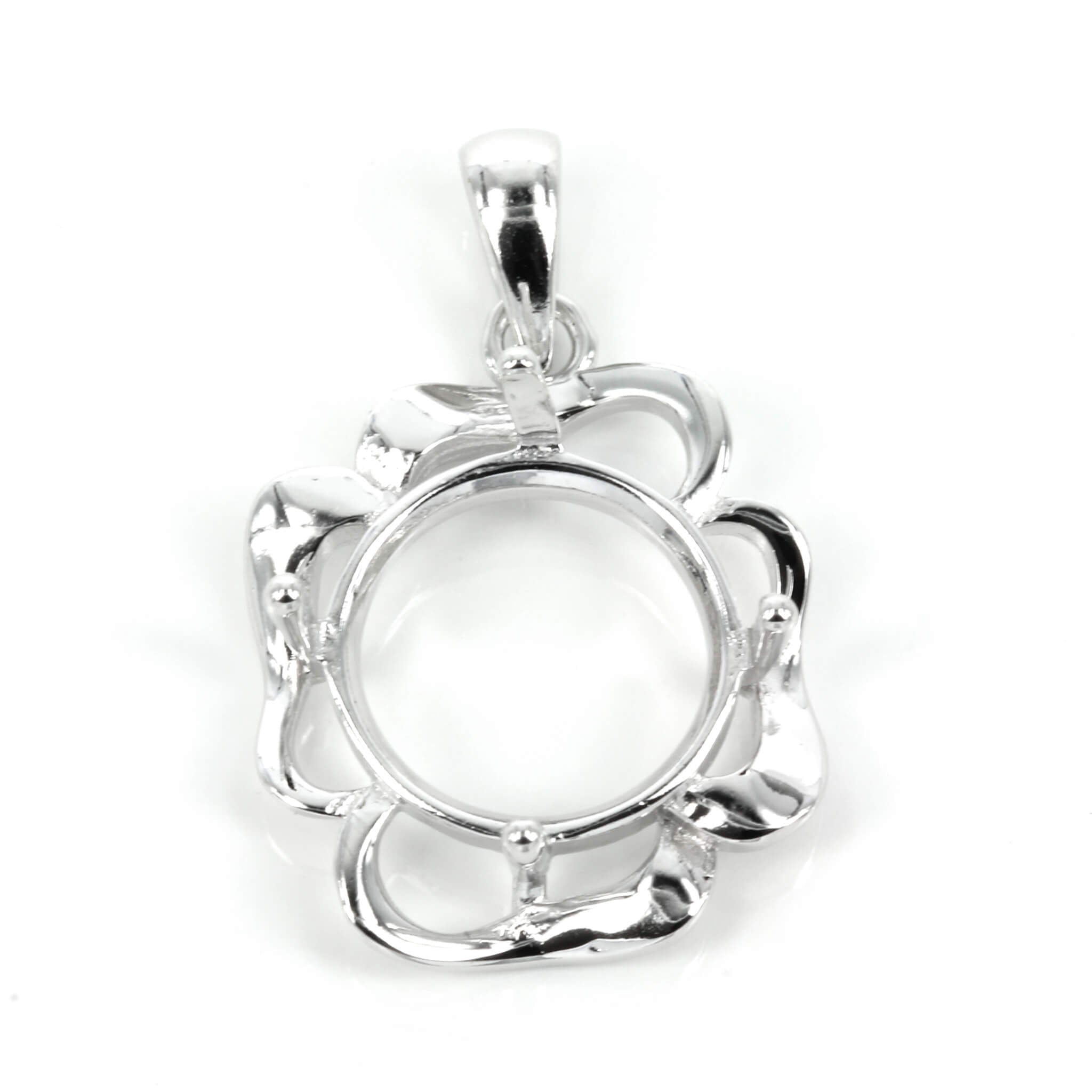 Swirling Swirling Ribbon Framed Round Pendant Setting Round Prongs Mounting including Bail in Sterling Silver 12mmframed round pendant with soldered loop and bail in sterling silver 16mm x 26mm