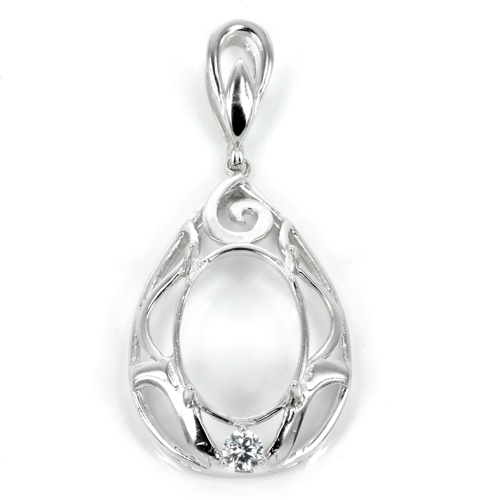 Pear Shaped Frame Oval Pendant Setting with CZ's and Oval Prongs Mounting including Bail in Sterling Silver 10x14mm