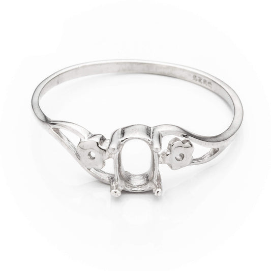 Floral Ring with Oval Prong Mounting in Sterling Silver for 4x6mm Stones