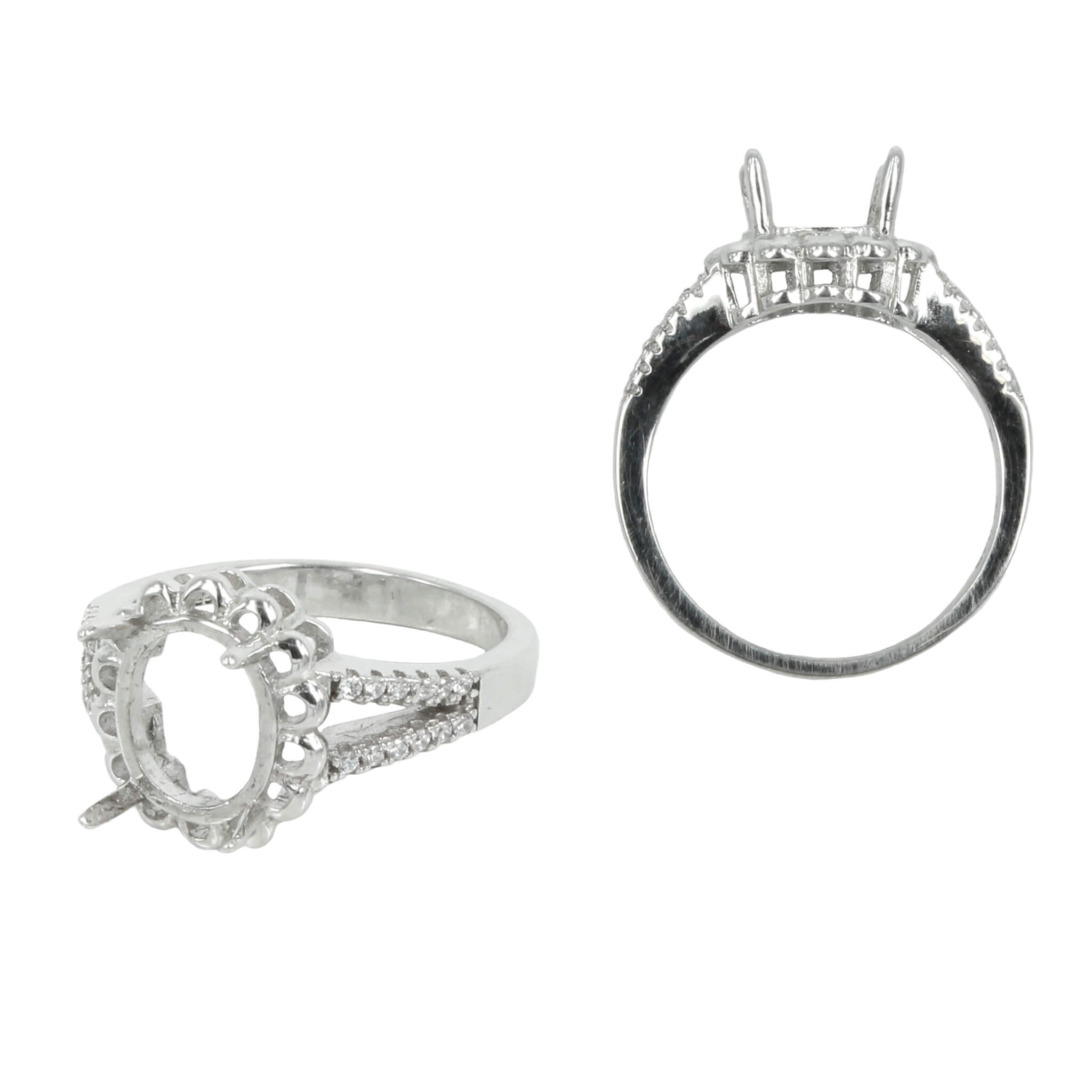 Dolly Ring with Cubic Zirconia Inlays and Oval Prongs Mounting in Sterling Silver 7mm x 9mm