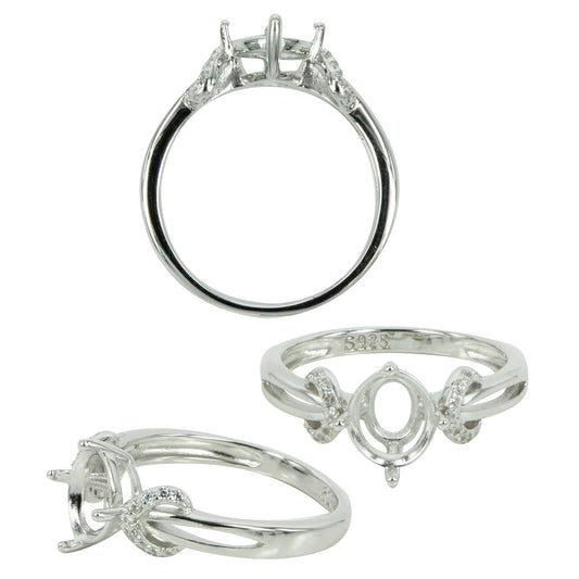 Semi-Split Shank Ring Setting with CZ Accents and Round Mounting in Sterling Silver 7mm