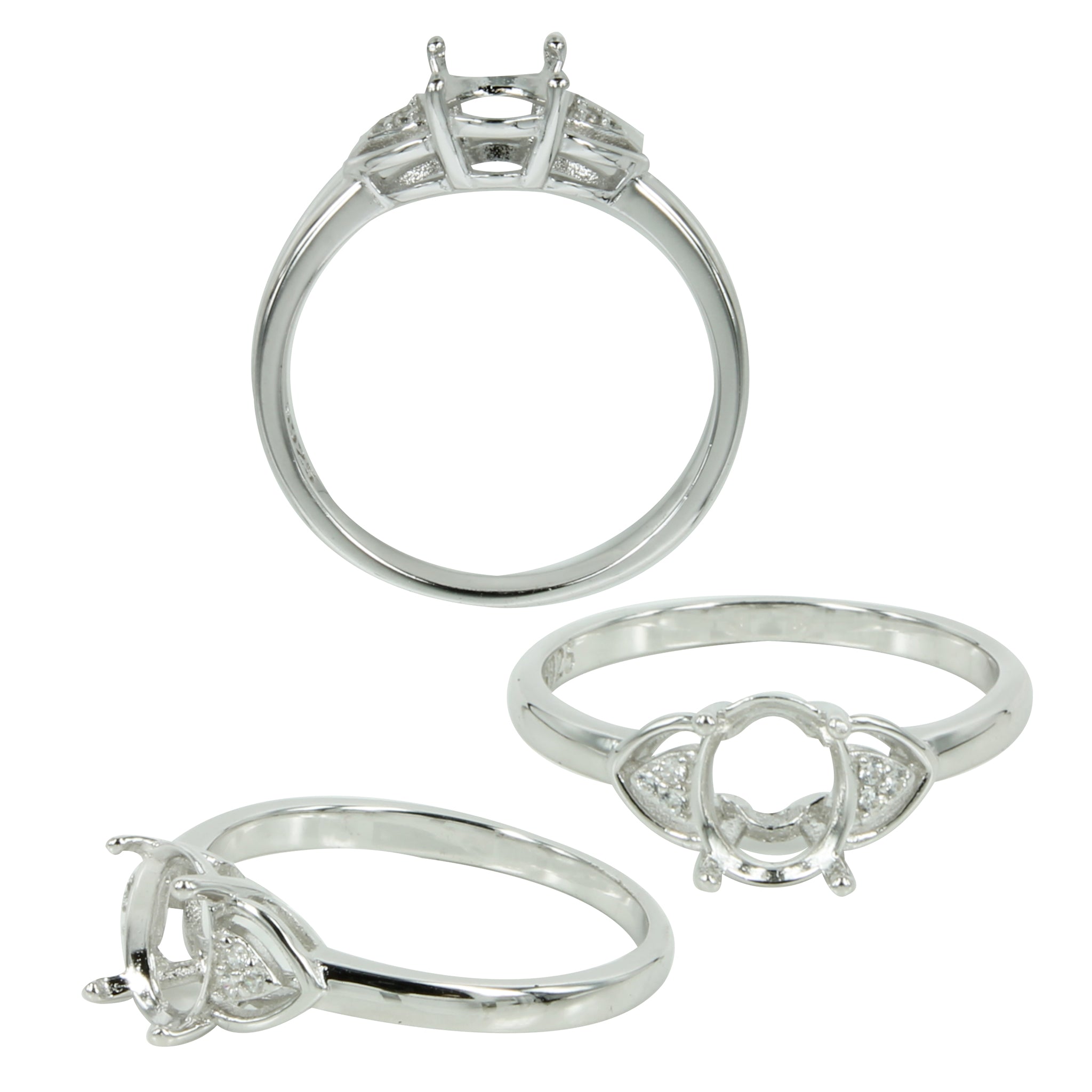 CZ Trio Split Shank Ring Setting with Oval Mounting in Sterling Silver 6x7mm