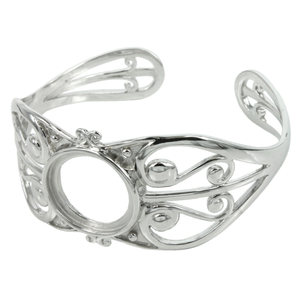 Filigree Cuff Bracelet with 19mm Round Bezel Mounting in Sterling Silver