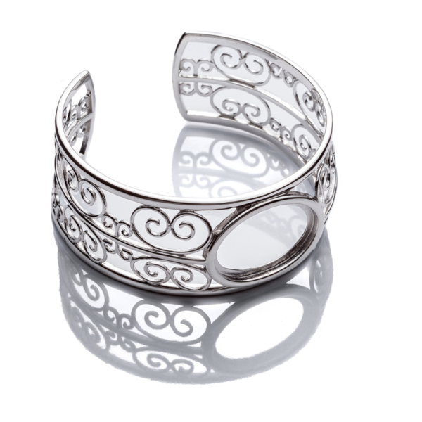 Curlicue Cuff Bracelet with 18x24mm Oval Bezel Mounting in Sterling Silver