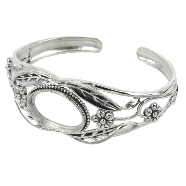 Floral Motif Cuff Bracelet with Oval Bezel Mounting in Sterling Silver 15x20mm