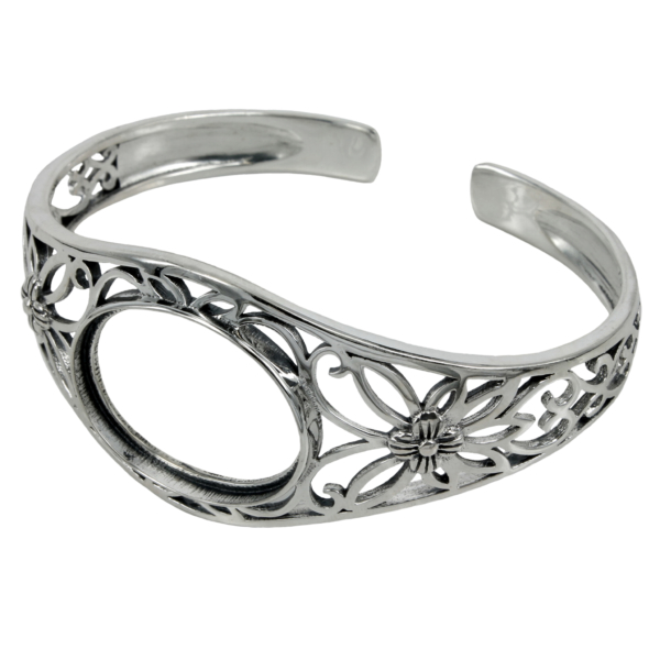 Floral Motif Cuff Bracelet with Oval Bezel Mounting in Sterling Silver 20x25mm