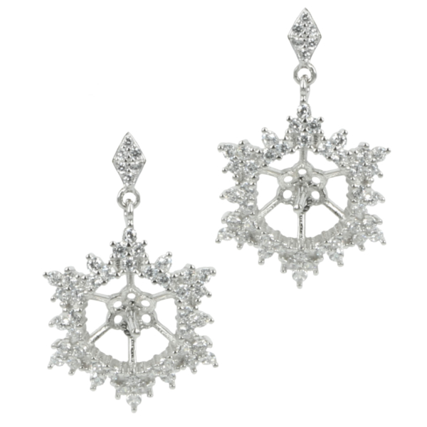 Pavé Snowflake Earrings Pearl Settings with Center Round Cup and Peg Mounting in Sterling Silver 6-8mm