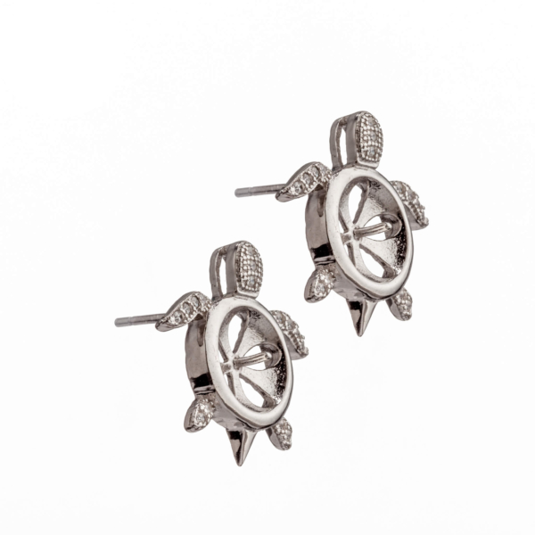 Ear Studs Earrings Pearl Settings with CZ's and Turtle Shape Round Cup and Peg Mounting in Sterling Silver 9mm