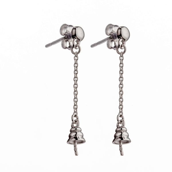 Ear Studs Earrings Pearl Settings with Chain and Round Cup and Peg Mounting in Sterling Silver