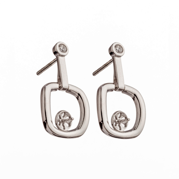 Ear Studs Earrings Pearl Settings with CZ's and Dangling Round Cup and Peg in Sterling Silver
