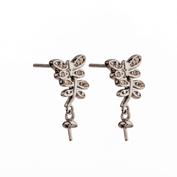 Leaves Ear Studs Earrings Pearl Settings with CZ's and Round Cup and Peg Mounting in Sterling Silver