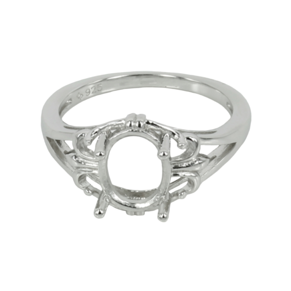 Fleur de Lys Ring with Oval Prongs Mounting in Sterling Silver 6x8mm