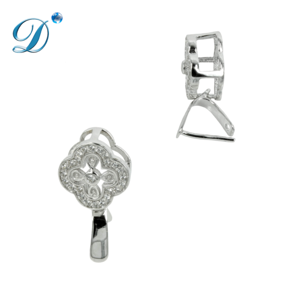 Floral Pinch Bail with Cubic Zirconia Inlays in Rhodium Plated Sterling Silver 17.1mm x 10.4mm x 6.4mm