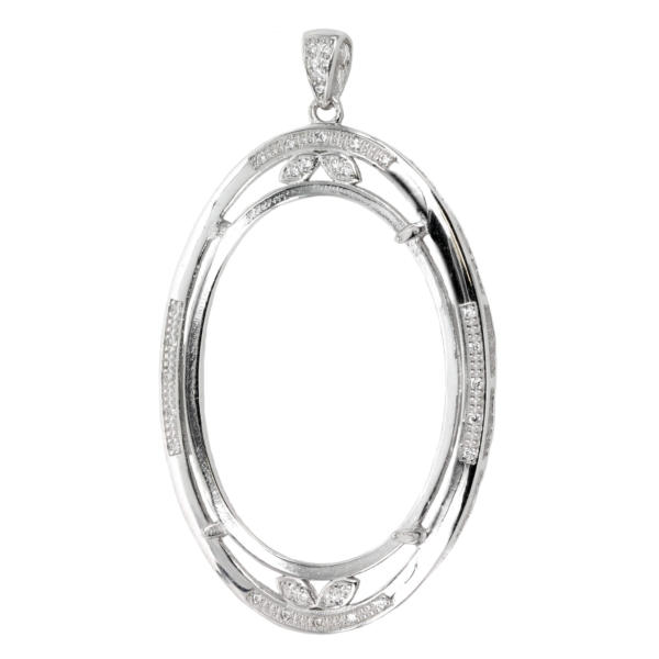 Oval-in-Oval Pendant Setting with CZ's and Oval Prongs Mounting including Bail in Sterling Silver 26x36mm