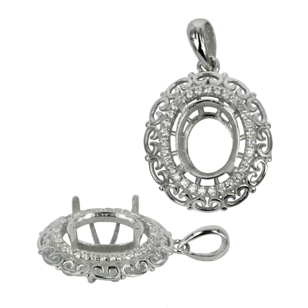 Oval Pendant Setting with Rococo & CZ's Set Frame and Oval Prongs Mounting including Bail in Sterling Silver 8x10mm