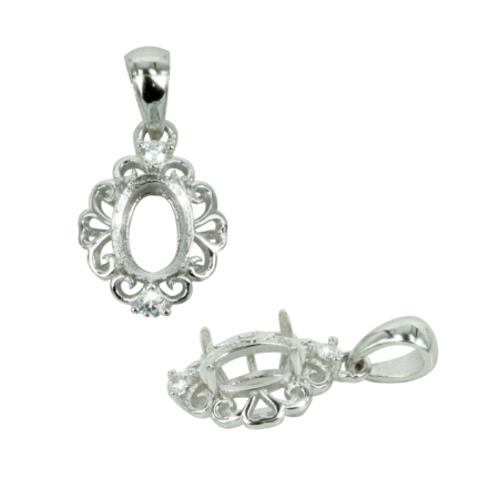 Flourish Border Pendant with CZ's in Sterling Silver for 6x8mm Stones