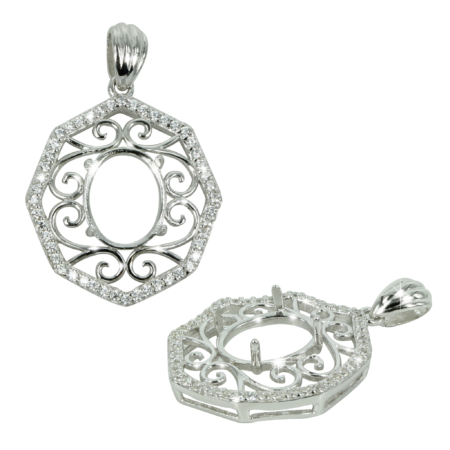 Hexagonal Halo Pendant in Sterling Silver for 8x10mm Stones