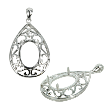 Flourish Teardrop Pendant with CZ in Sterling Silver for 12x16mm Stones