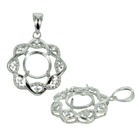 Intertwined Border Pendant in Sterling Silver with CZ's for 9mm Stones