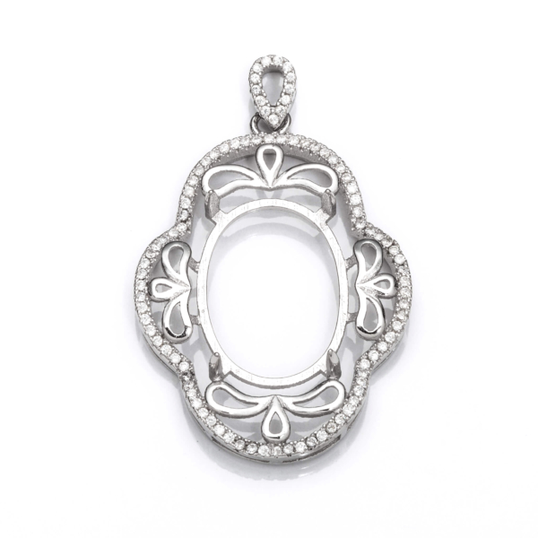 Pendant with Cubic Zirconia Inlays and Oval Mounting and Bail in Sterling Silver 14x19mm