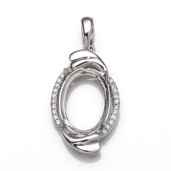 Oval Pendant Setting with CZ's and Oval Prongs Mounting including Bail in Sterling Silver 10x14mm